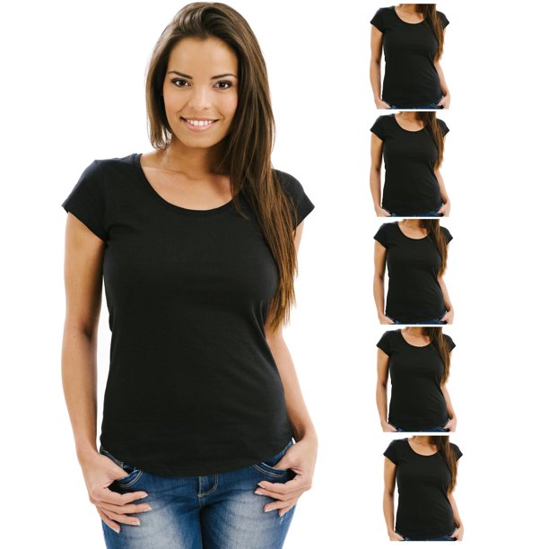 Women's 5 Pack Black, White, or Assorted Soft Fabric Solid Crew-Neck T ...