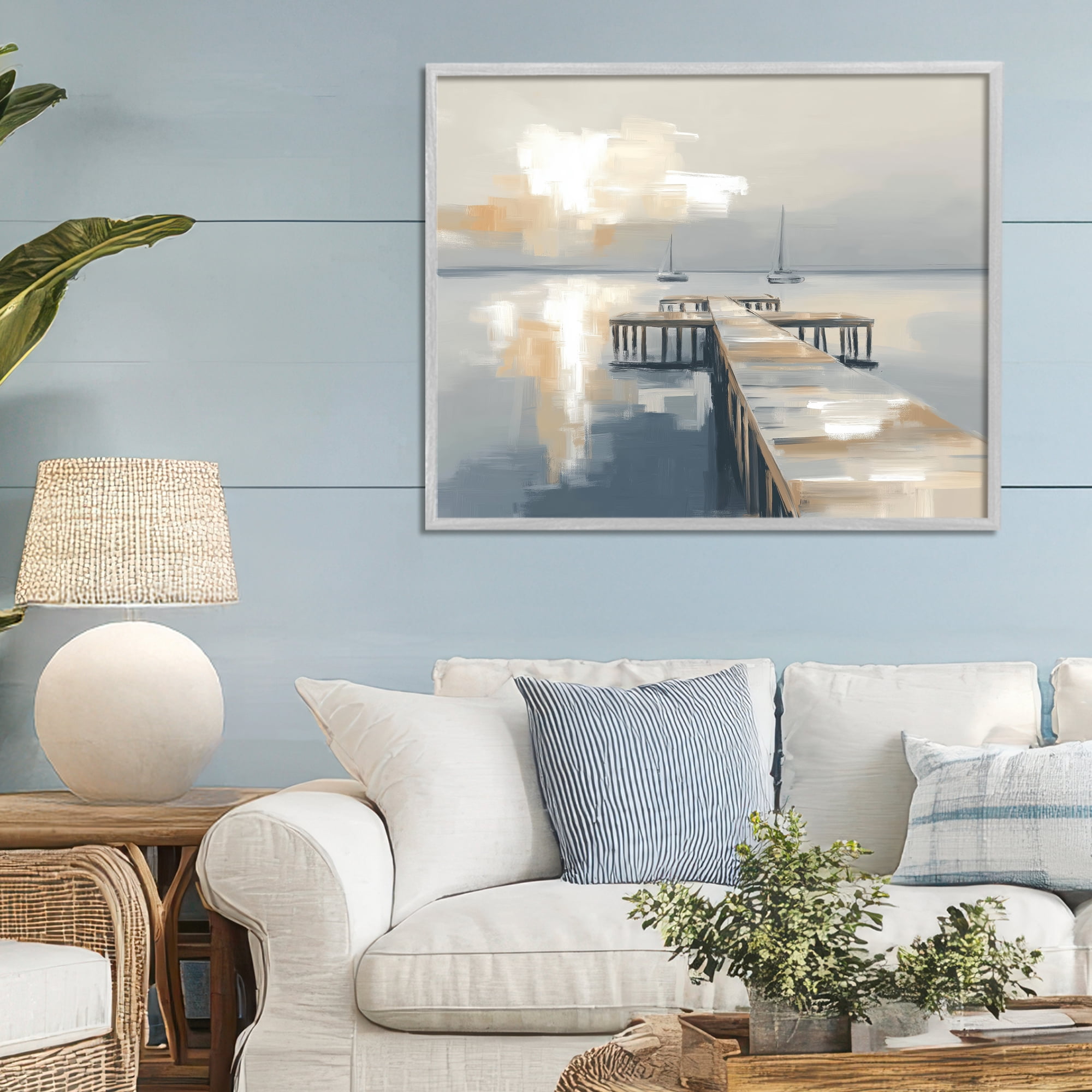 Stupell Industries Pier with Two Boats Seascape Gray Framed Giclee Art, design by Kim Curinga