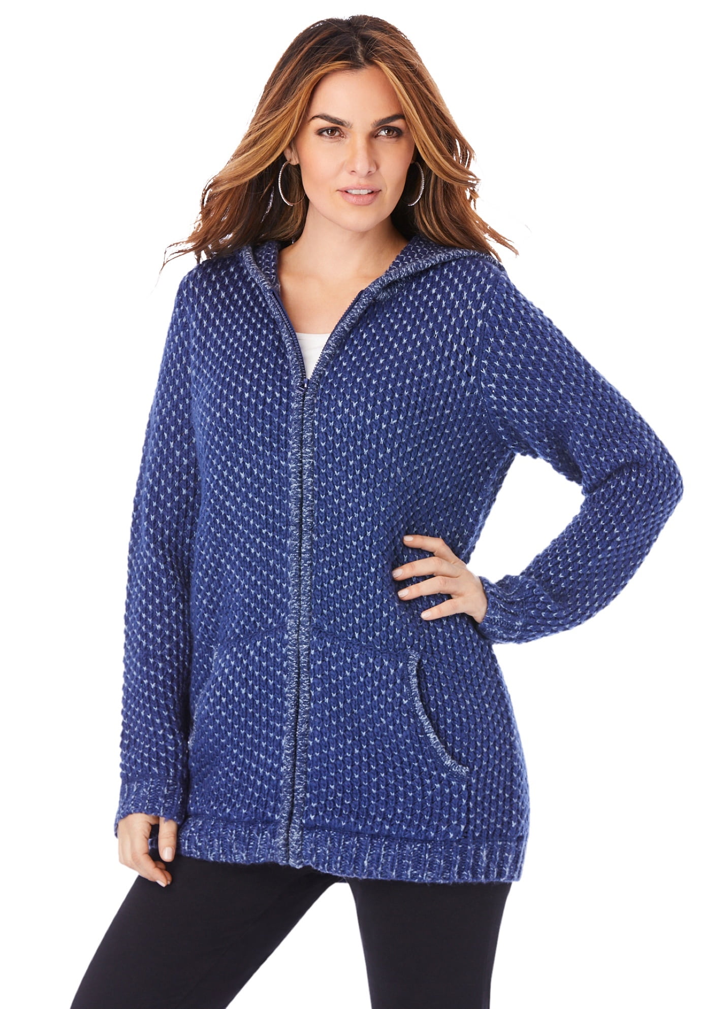 Roaman's Women's Plus Size Tweed Thermal Hoodie Cardigan Sweater