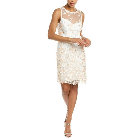 Adrianna Papell Illusion Crew Neck Bodycon Floral Embroidered Keyhole Back Zipper Back Short Mesh Dress-IVORY / 0