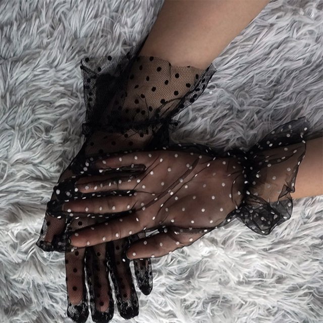 Qarigey 1 par de guantes cortos de tul Grace para mujer, para otoño y verano, con lunares de encaje elásticos, transparentes de hojas de loto, guantes y mitones B Qarigey AP000748-02