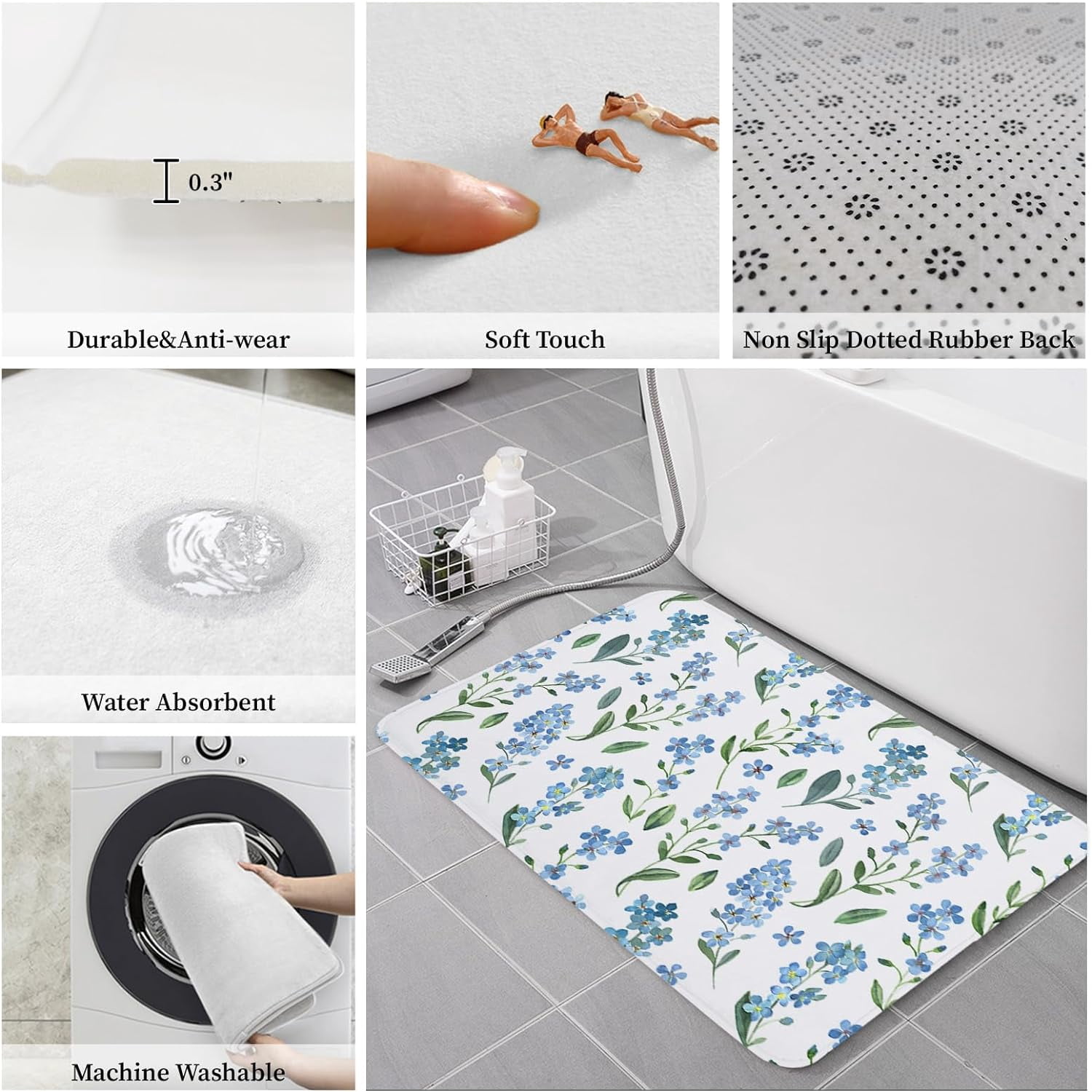 Farmhouse Blue Flower Kitchen Floor Mats, Blossom Floral Green Leaf 2 PCS Anti Fatigue Area Runner Rugs Set Rural Botanical Non-Slip Bathroom Comfort Standing Mat Home Decor