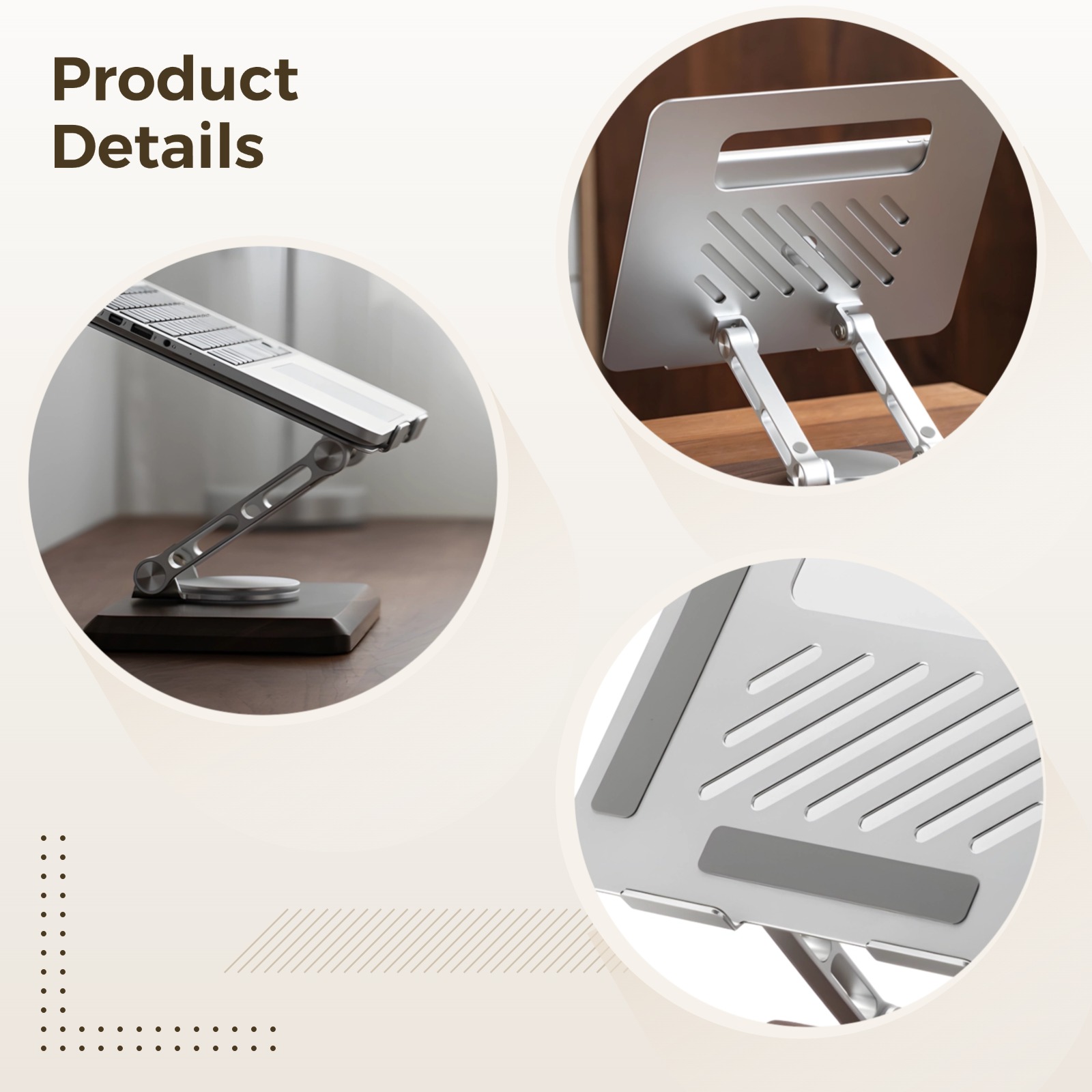 Adjustable Laptop Stand with 360° Rotating Base, Height Adjustable Desk Stand for Laptops, Wooden Foldable Desk Mount with Aluminum Alloy Panel, Ventilated Design for Cooling