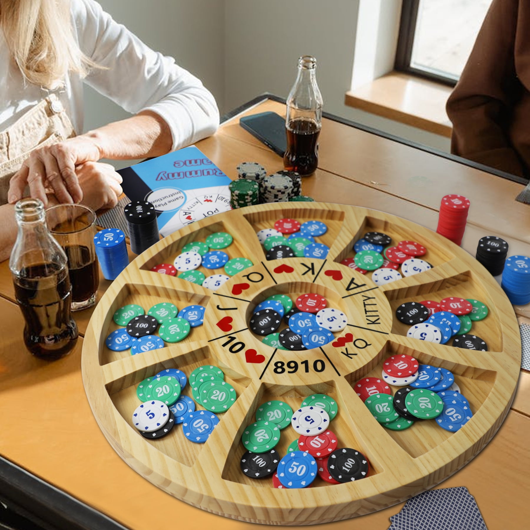 20 inches Michigan Rummy Game Deluxe Set Perfect Blend of A Royal Game of Hearts，Rummy Poker Wooden Tripoley Board Game Betting Bluffing Game Classical Family Card Game for Adults 200 Chips