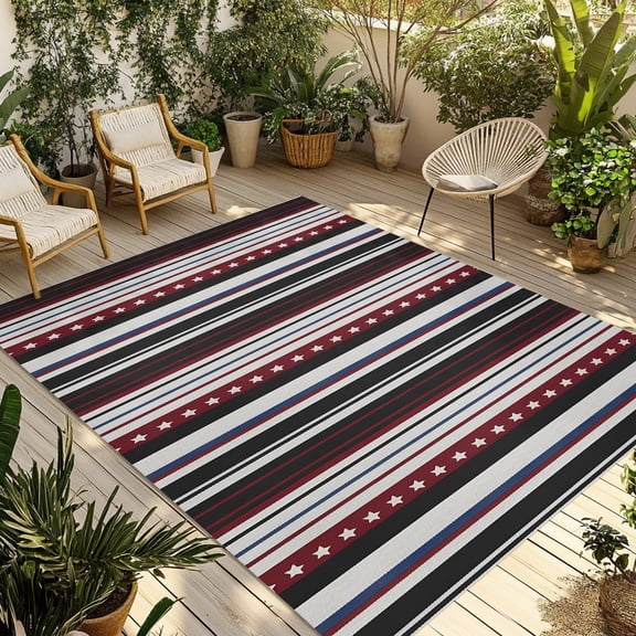 Red Black Stripes Lines Outdoor Area Rug 3x5ft Decorative Indoor Outdoor Rug Star Vertical Striped Patio Area Rug for Porch, Deck, Balcony, Entryway, Camping & RV
