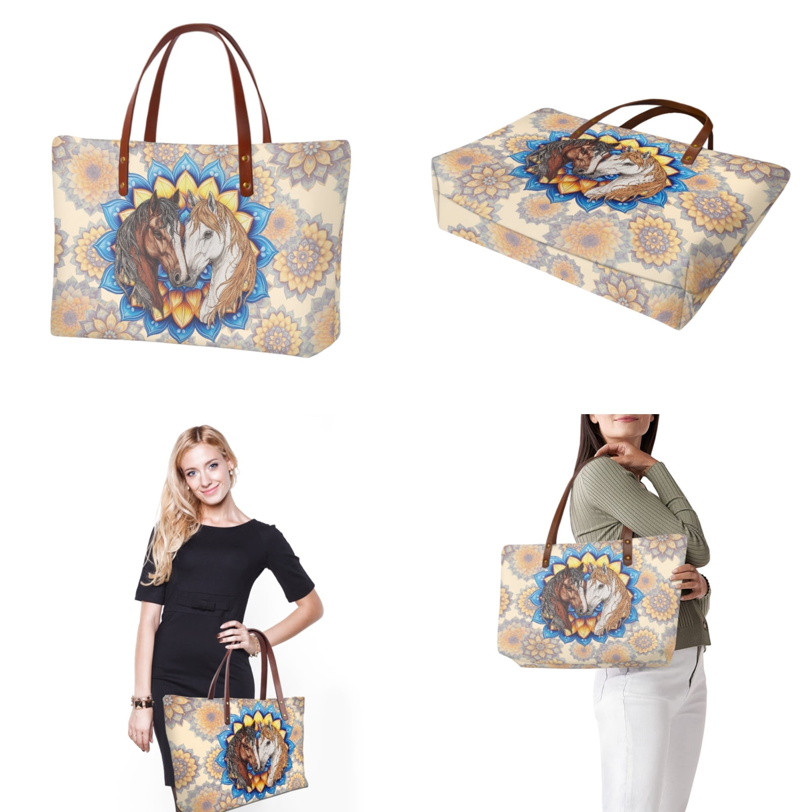 ZUXONGSY Boho Mandala Horse Print 2 Pieces PU Wallet Polyester Handbags Set Waterproof Shoulder Bag Top Handle Tote Bag Satchel Handbags Cash Wallet for Shopping Work