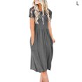 thumbnail image 2 of facefd Femmes Poches Plissée Cou Manches Courtes Couleur Unie Robe Midi Gris L, 2 of 4