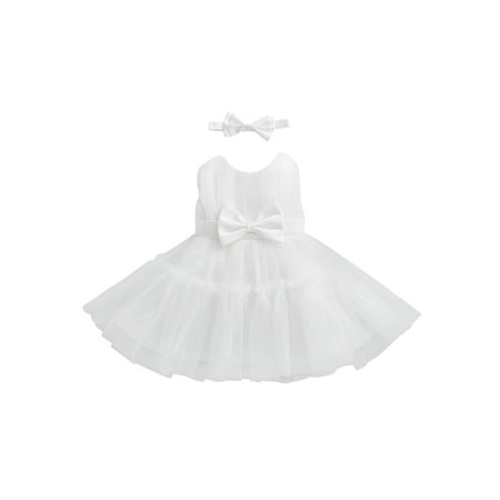 

Canrulo Toddler Baby Girl Party Princess Ball Gown Dress Summer Backless High Waist Tulle Dresses with Headband Outfits White 6-12 Months