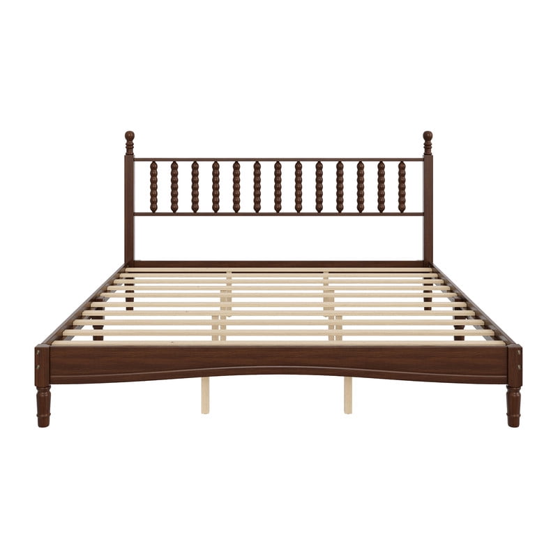 Mid-Century Modern King Size Wood Platform Bed with Gourd Shaped Headboard, Retro Style Low Profile Bed Frame with Slats Support