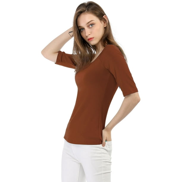 Allegra K Women Half Sleeves Slim Scoop Neck Top T-Shirt