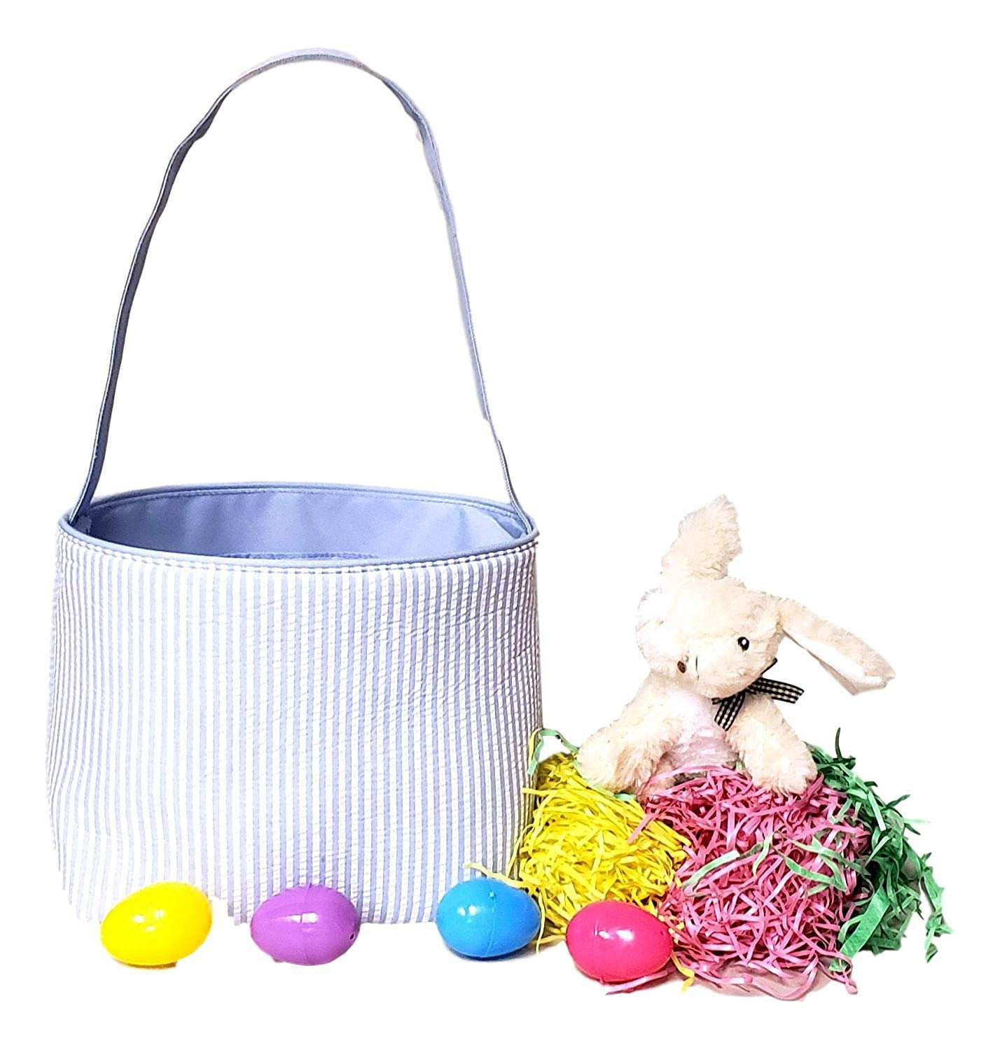 Seersucker Medium Fabric Easter Basket Bucket Tote Bag Blue - No Embroidery