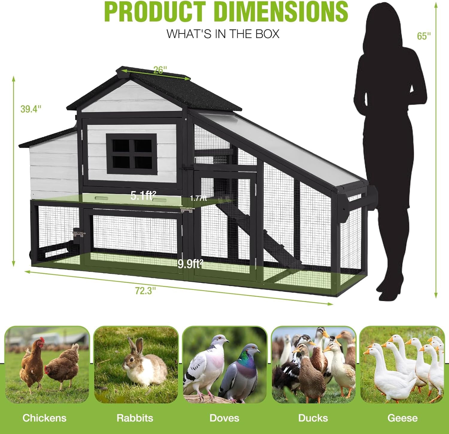 MEDEHOO Chicken Coop Mobile Chicken House On Wheel Outdoor Rabbit Hutch for 2-4 Chickens 67"(White & Black)