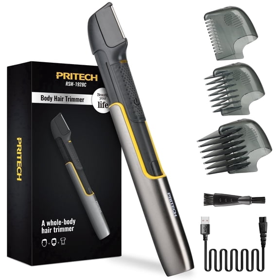 PRITECH Body Hair Trimmer for Men, Extendable Arm Groomers with Guard Comb, Rechargeable Hair Trimmer for Pubic Area, Back, Face, Legs and Beard