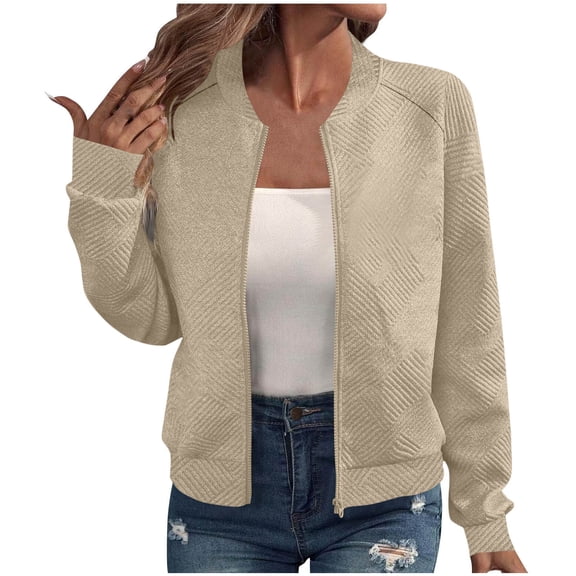 Sahpxhe Womens Zip up Bomber Jacket Loose Lightweight Long Sleeve Cropped Jacket Casual Trendy Fall Outfits Khaki M