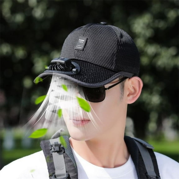 Mens Baseball Cap with Solar Fan, Summer UV Protection Wide Brim Sun Hat Mesh Beach Hats, Solar Powered/USB Charging Black