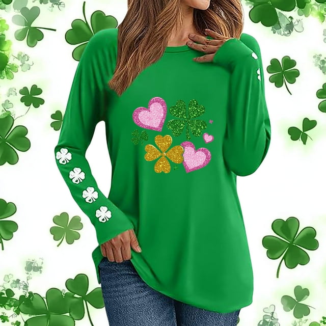 Xuyuer St. Patrick's Day Sweatshirt Women Shamrock Heart Shirts Irish Gift Crewneck Casual Loose Fit Tops