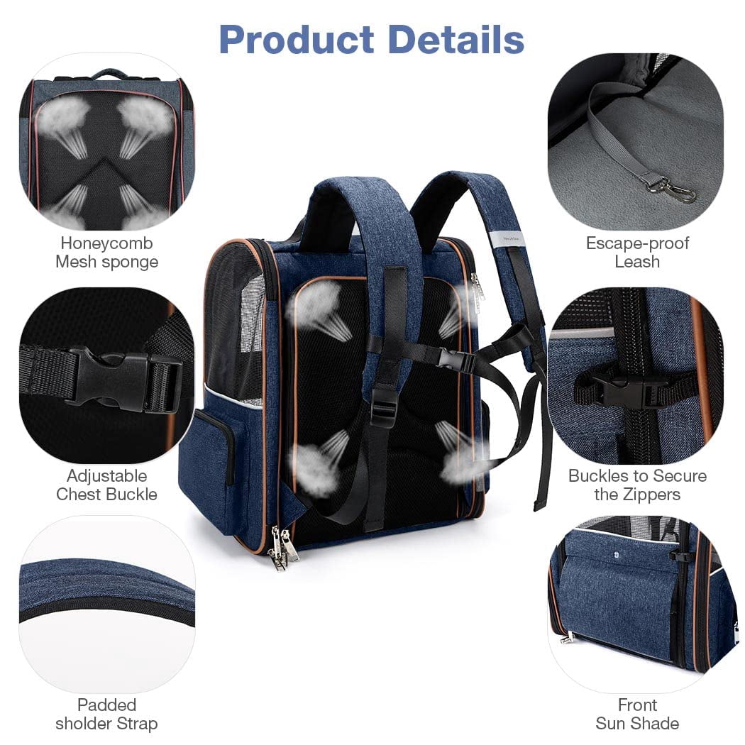 Extra Large Expandable Cat Backpack Carrier, Pet Carrier Backpack for Small Dogs & Medium Cats, Supports Up to 18 Lbs, Foldable Design for Travel Hiking Outdoor Use, Breathable Pet Backpack, Blue