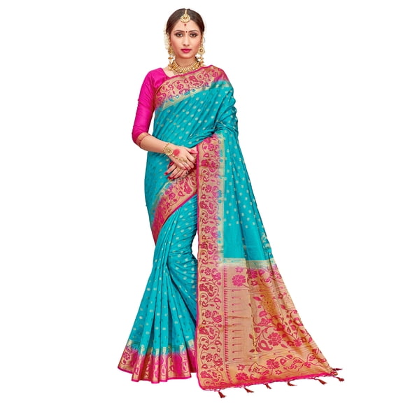 Elina fashion Sarees for Women's Banarasi Art Silk Woven Work Saree l Indian Wedding Ethnic Sari & Blouse Piece (Teal)