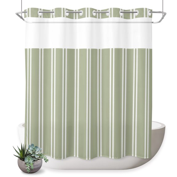 No Hook Shower Curtain, Sage Green Stripes Shower Curtains for Bathroom with See Through Top Window, Geometric Vertical Striped Modern Art Waterproof & Washable Bath Curtain 66"x72"