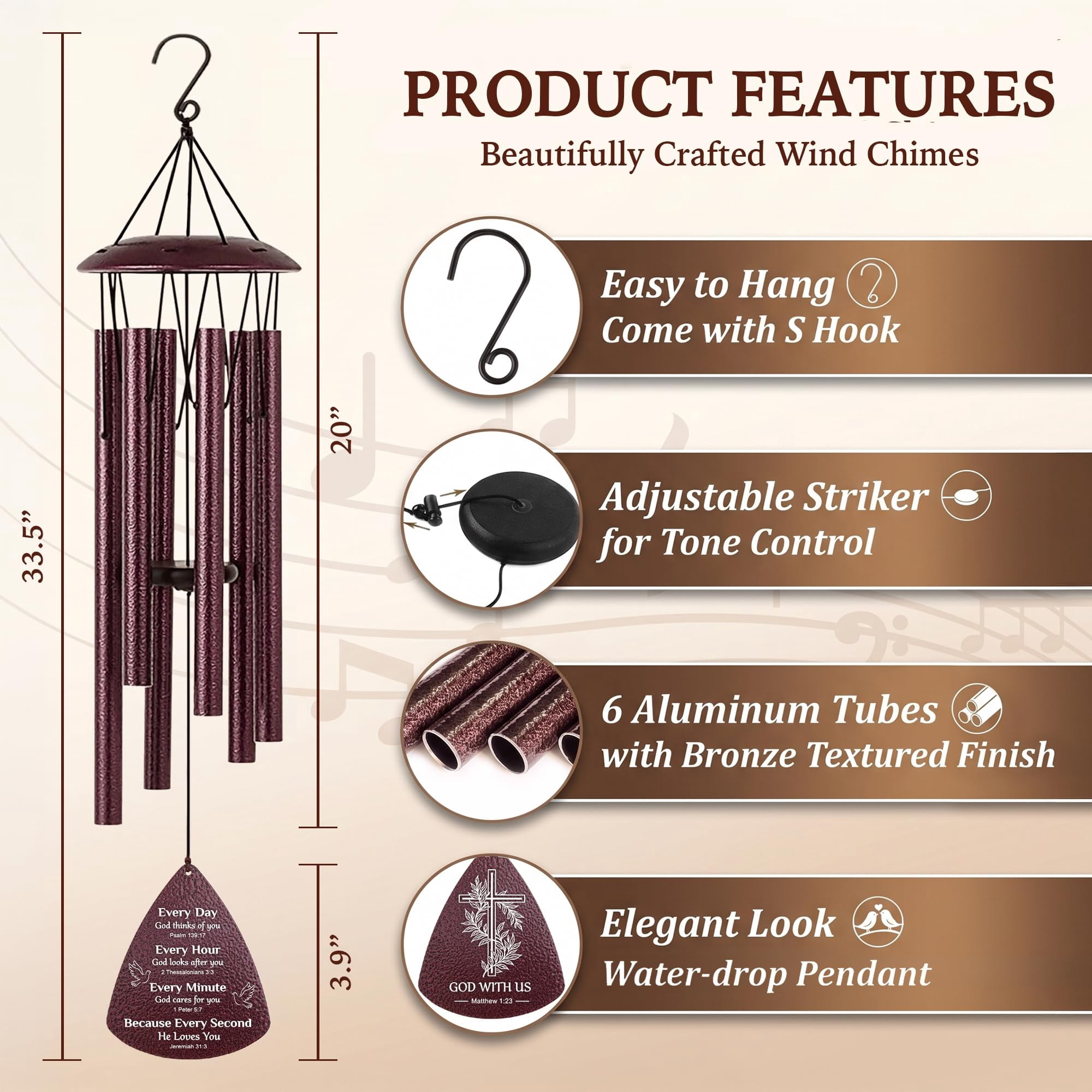 Wind Chimes For Outside  33.5" Verse Chime Birthday Gifts Women Religious Baptism Gift Men Friends Teacher Appreciation Mom