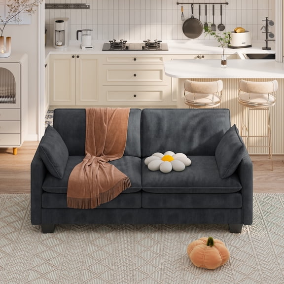 Asofer 75" Comfy  Upholstered Sofa, 2 Seater Couch for Living Room, Big Loveseat with Extra Deep Seats, 2 Pillows, Dark Gray