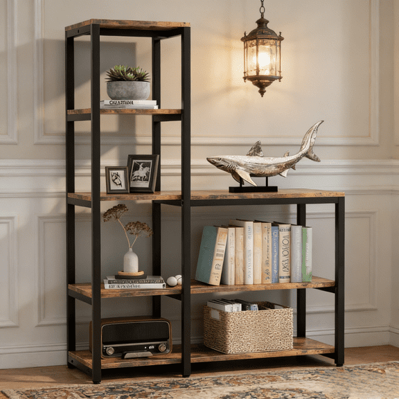 L Shaped 5 Tier Stepped Bookshelf Vintage Industrial Design 39.37 Inch Wide Multi Functional Storage Shelf Compact Space Saving for Small Apartments Living Room Kitchen Plant Stand Display Rack