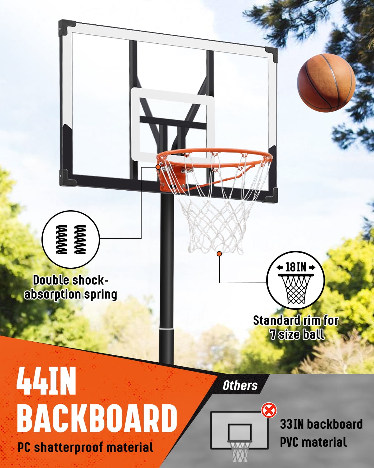SERAY Basketball Hoop with 44 inch Backboard and 2 Wheels, Basketball Hoop Outdoor 3.8-10 feet Adjustable Height for Kids/Adults Outdoor/Indoor Sports