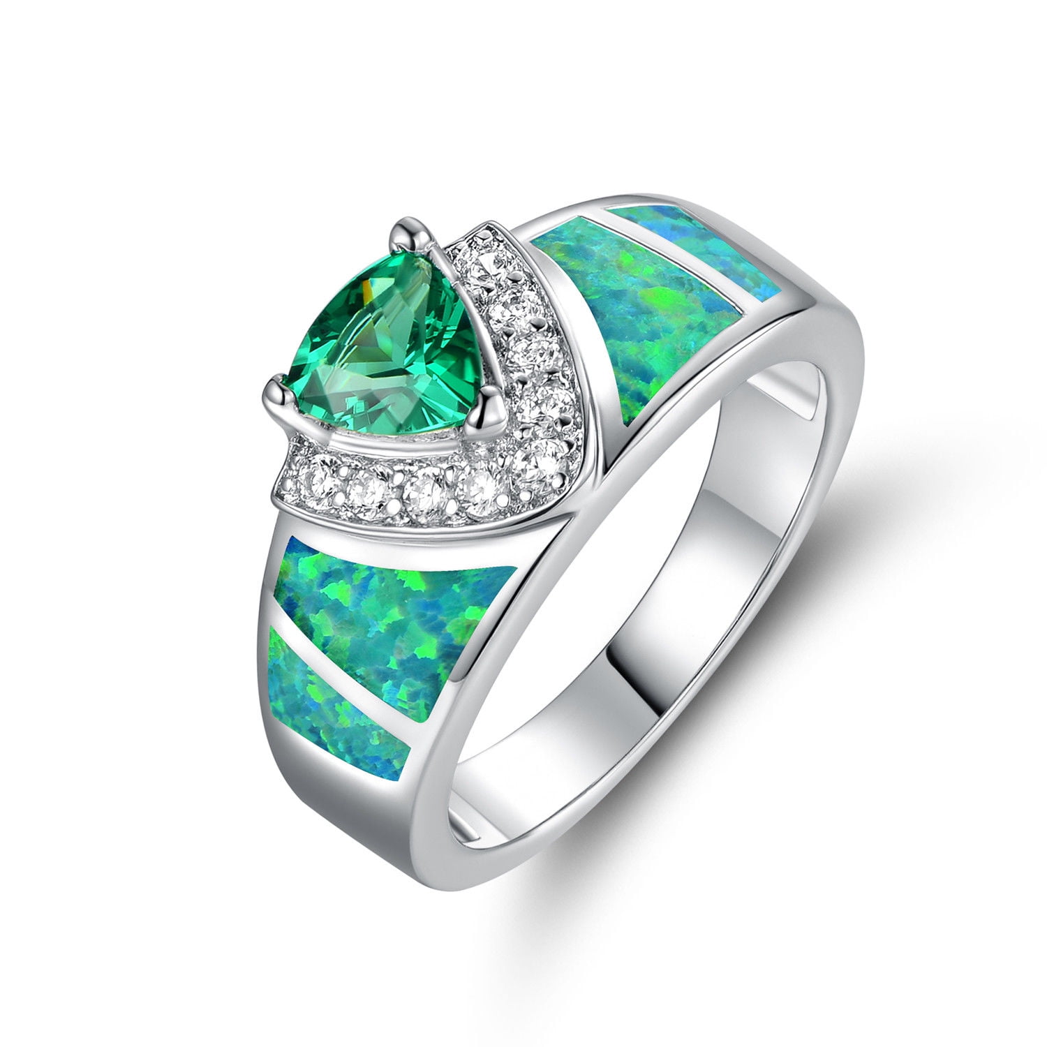 CiNily Silver Plated Green/Pink/White Fire Opal Ring Emerald Gemstone Ring Size 5-12 