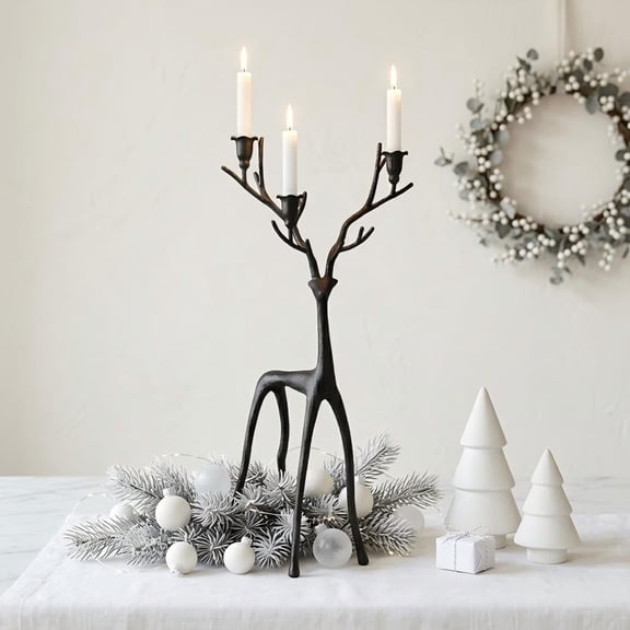 26.77" Tall Black Reindeer Candle Holder, 3-Arm Metal Deer Antler Candelabra for 3/4" & 0.86" Taper Candles, Vintage Holiday Mantel Centerpiece for Christmas Decor