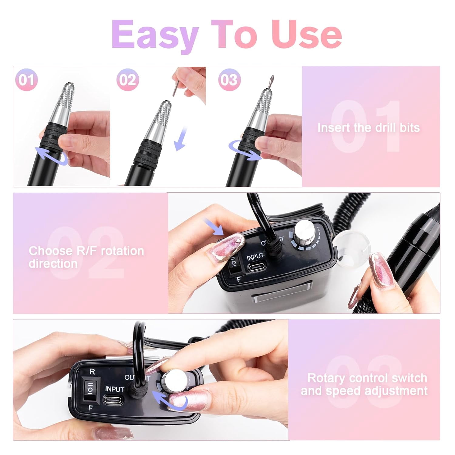 COSITTE 45,000 RPM Portable Electric Nail Drills, LCD Display, Acrylic and Gel Remover, Hand and Foot Care - Black