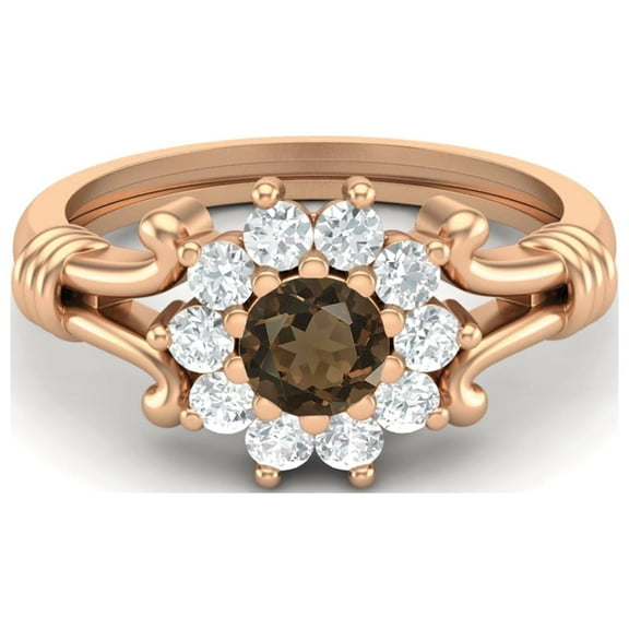 Mooneye 2.4 Ctw Round Smoky Quartz 925 Sterling Silver Rose Plated Women Graduation Gift Ring