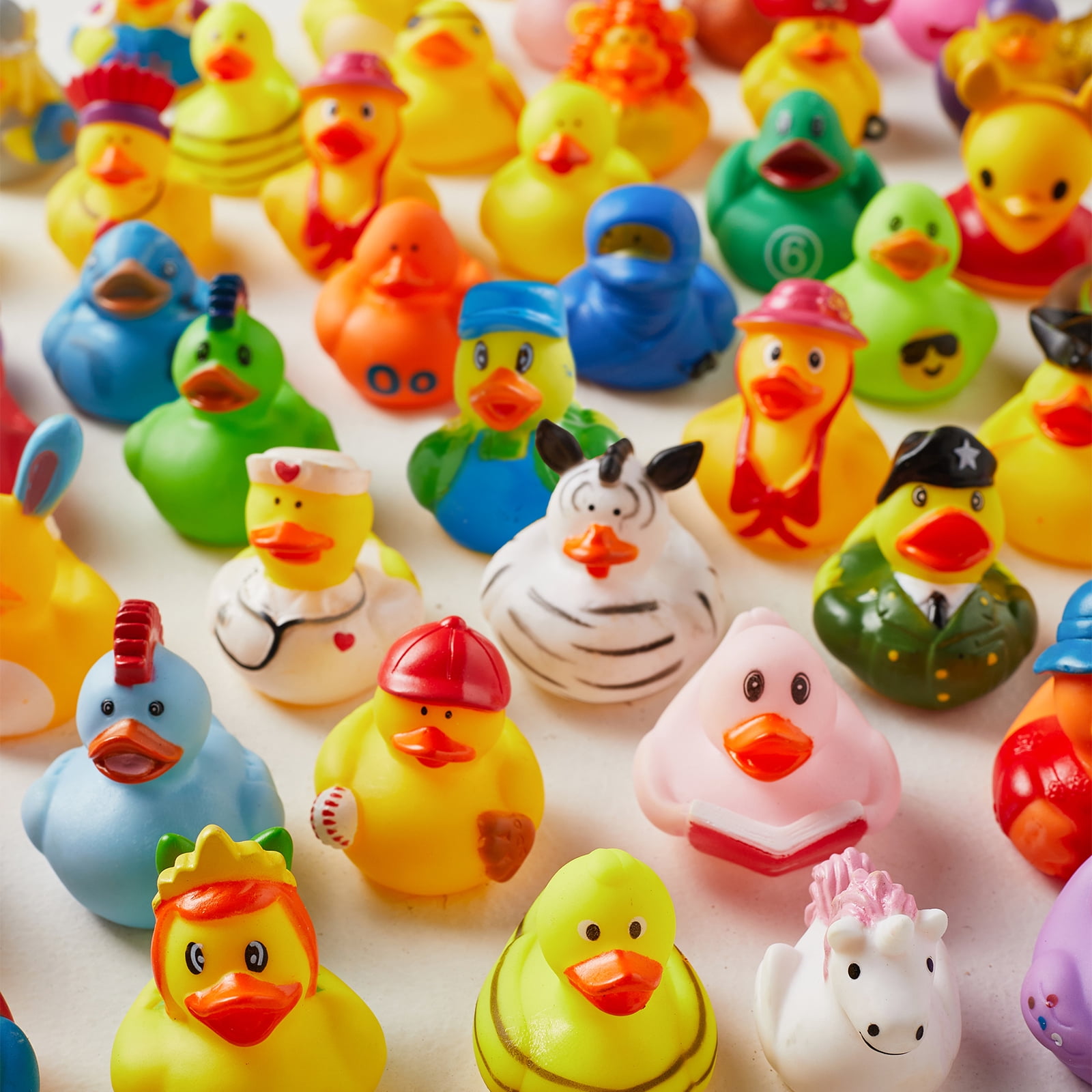 ValenLyra 100 pack Rubber Ducks for Jeeps Ducking - 2" Bulk Floaters, Safe 3+ Kids/Baby Bath Toys with Bag, Assorted Styles, Party Favors/Birthdays (100 Varieties)