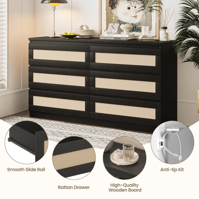 Eastvita Commode en Rotin à 6 Tiroirs pour Chambre et Garde-Robe - Double Commode en Bois