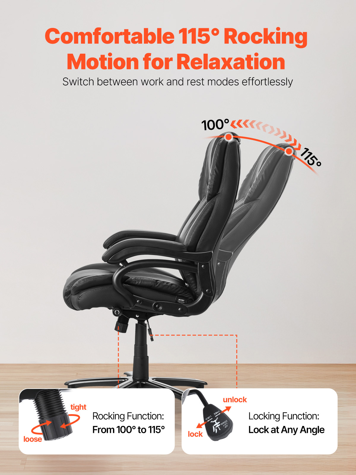KFFKFF Managerial Chair, Elevated Backrest Workstation Seat with Dial-Controlled Lower Back Support, Comfortable Task Chair with Adjustable Incline & Elevation, Faux Leather Revolving Chair