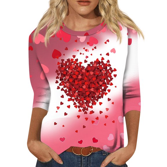 ASDFVBKG Valentines Shirts for Women Plus Size Cute 3/4 Sleeve Funny Graphic Tee Shirt Heart Shaped Fashion Casual Clothes Tops Red 2XL