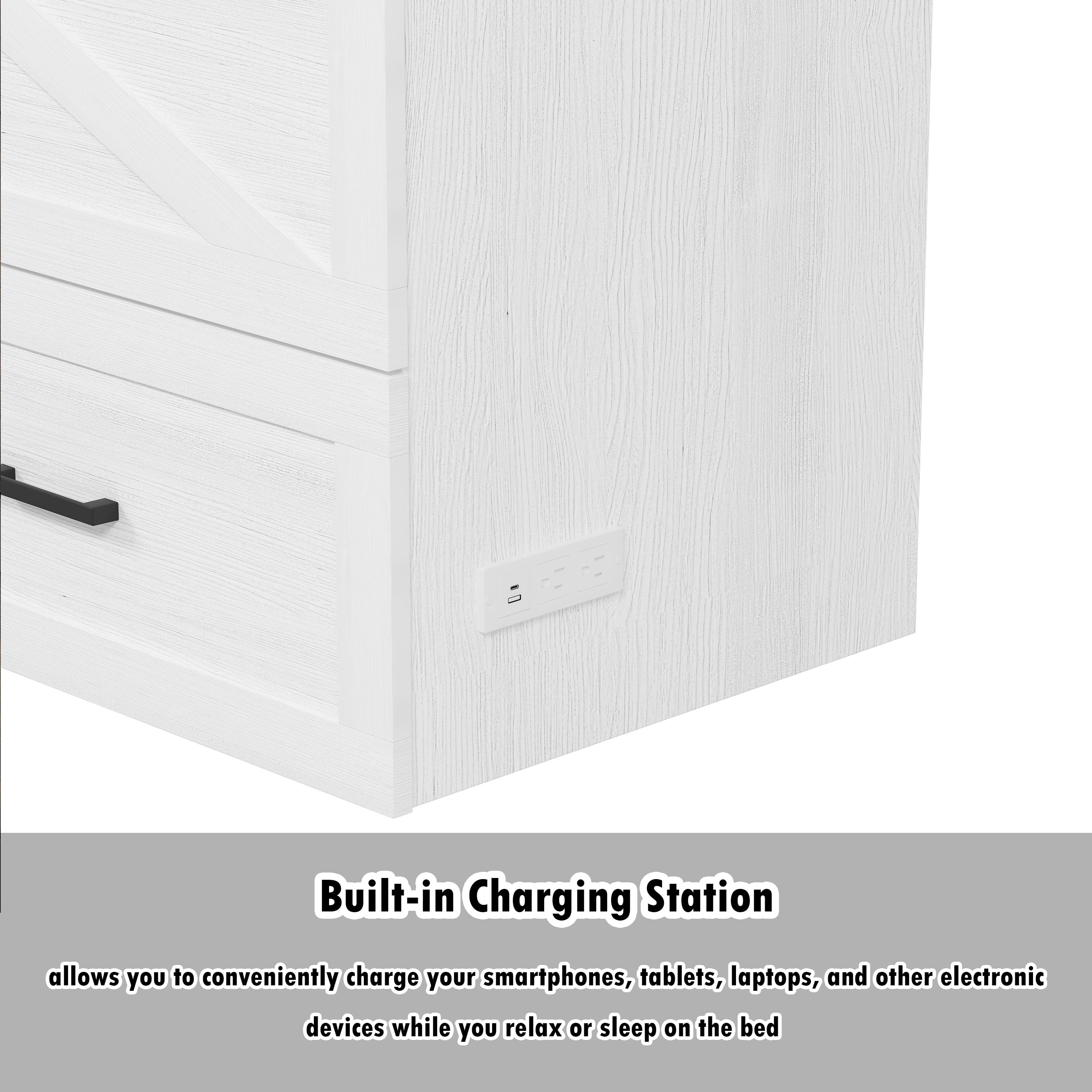 Bellemave Queen Size Farmhouse Murphy Bed Frame with Charging Station and Storage Drawer Foldable Cabinet Platform Bed for Guest Room or Home Office (Queen Size, Antique White)