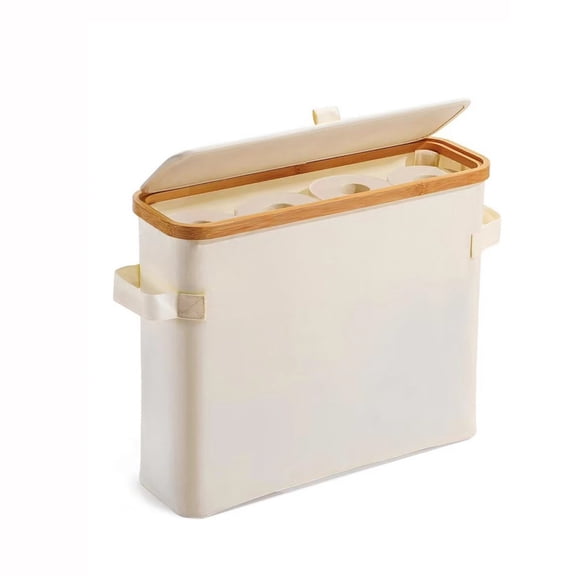 Open Top Bathroom Tissue Basket, Fabric Storage Organizer with Freestanding Space Saver Design for Toilet Paper Rolls and Bath Accessories