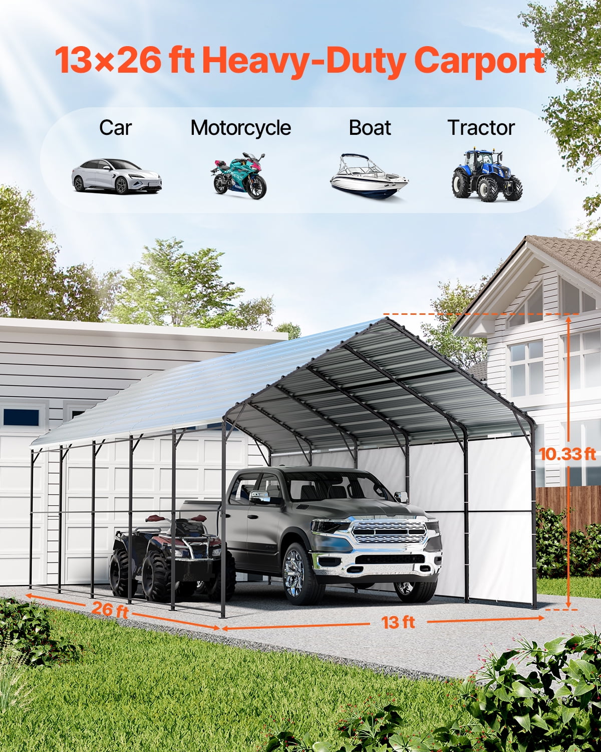 KFFKFF Durable Metal Carport, 13' x 26' Outdoor Shelter with Steel Frame & Roof, Versatile Garage Tent with Detachable Sidewalls for Vehicles, Boats