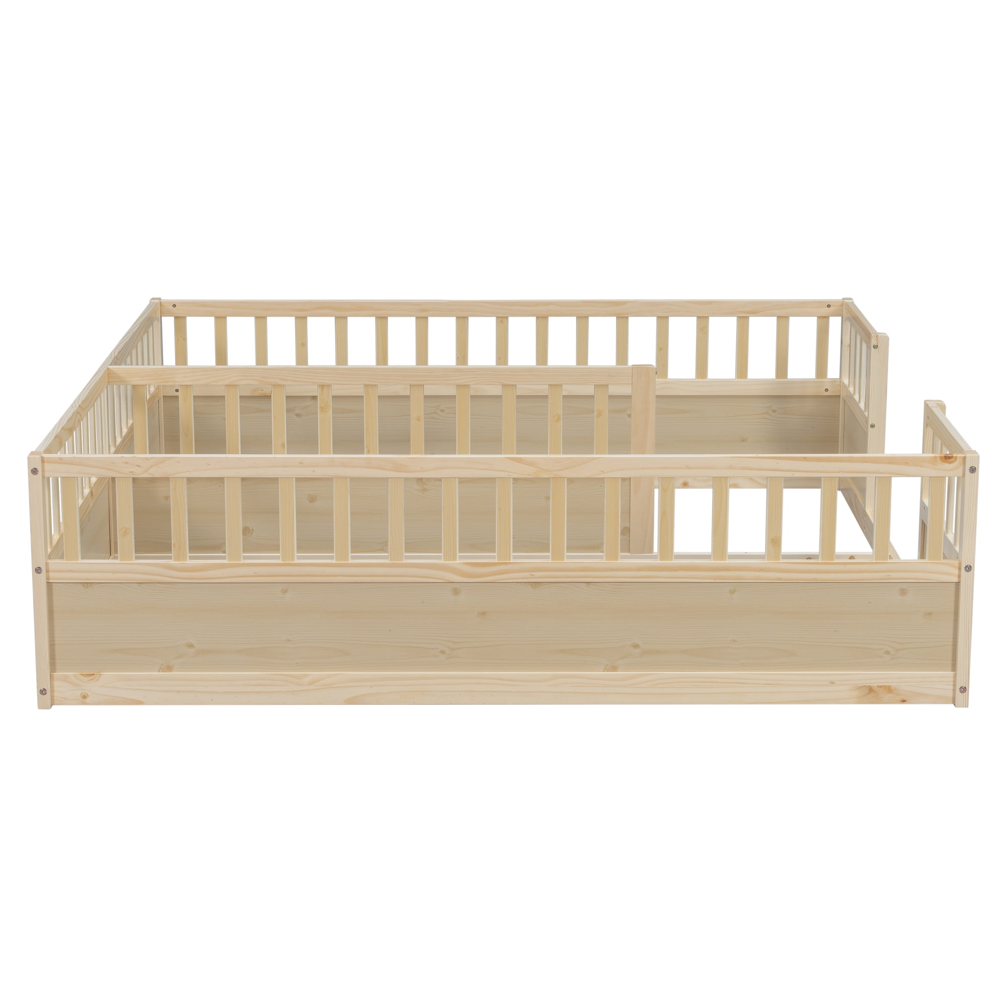 Leumius Double Pine Wood Twin Floor Bed with Semi-Enclosed Safety Guardrails, Open Entrance for Kids Bedroom Natural