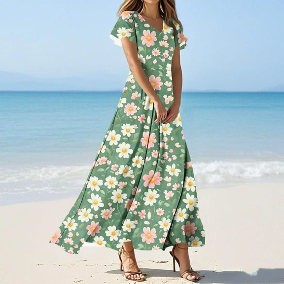 Oksale Womens Beach Dress Trendy Elastic Waisted Ruffle Short Sleeve Boho Dresses Casual Floral Print Maxi Dress Soft Flowy Comfy Outfits for Holiday Travel Multicolor L