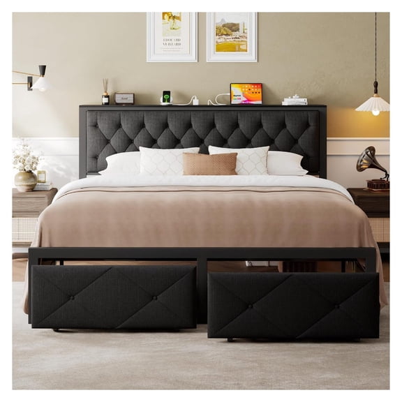 King Size Bed Frame Metal Platform with 2 Storage Drawers Black Button Tufted Headboard Charging Station