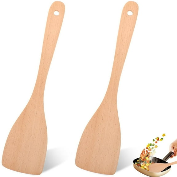 Topboutique Wooden Spatula,2 Pcs Nonstick Cookware,Wood Turners for Cooking,Non-Scratch Wood Flat Spurtle,Long Handle Flat Frying Spatulas,Wooden Wok Spatula for Cooking Eggs,Fish,Pancakes