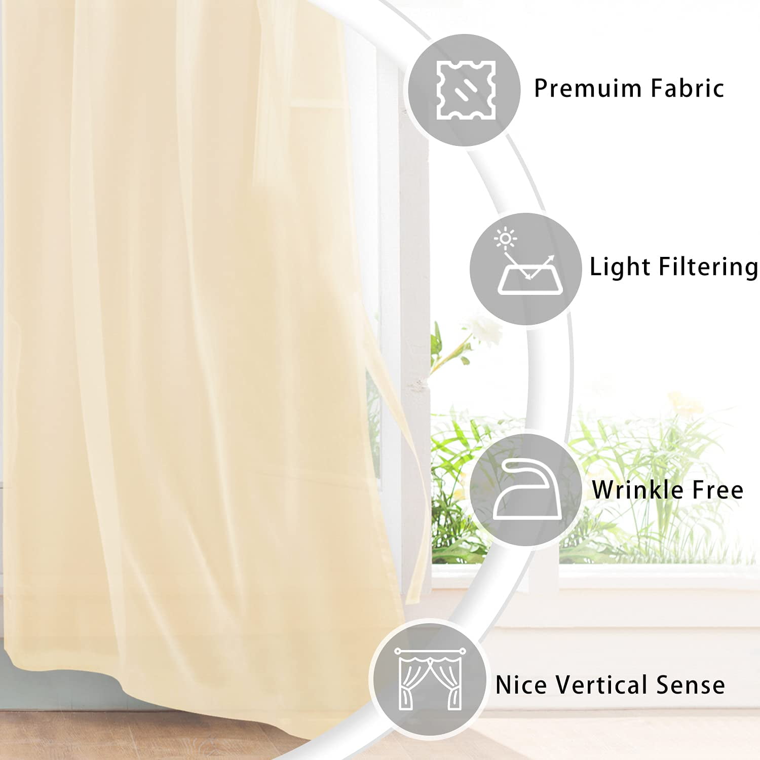 Hiasan Beige Sheer Curtains with Tiebacks-Light Filtering Contemporary Window Drapes for Living Room, Bedroom, Grommet, 52" x 84", Set of 2