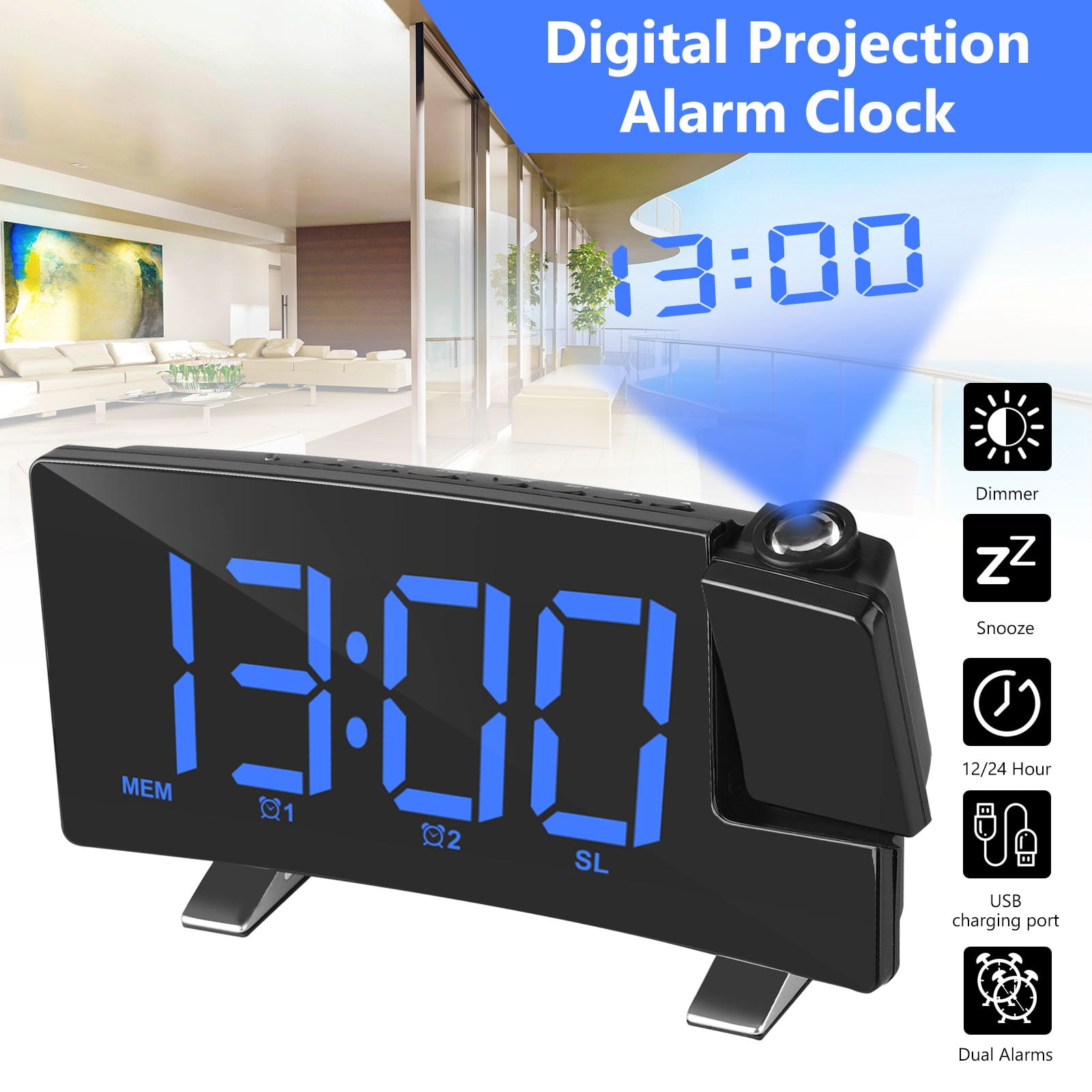 5'' Digital LED Projection Alarm Clock Snooze Timer Clock FM Radio Dual Alarms 