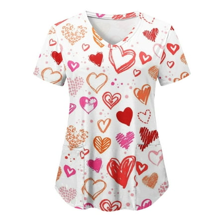 

Women Scrubs Top Working Uniform Nurses Clothing Workwear Printed Short Sleeve V-Neck Solid Color Shirts T-Shirts Tops With Pockets Top Streetwear
