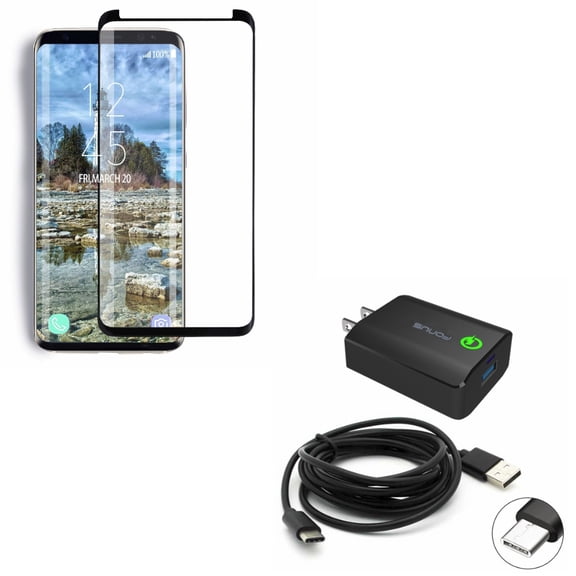 Compatible With Samsung Galaxy S9 - Tempered Glass Screen Protector 5D Touch w 18W Adaptive Fast Home USB Charger 6ft Type-C Turbo Cable