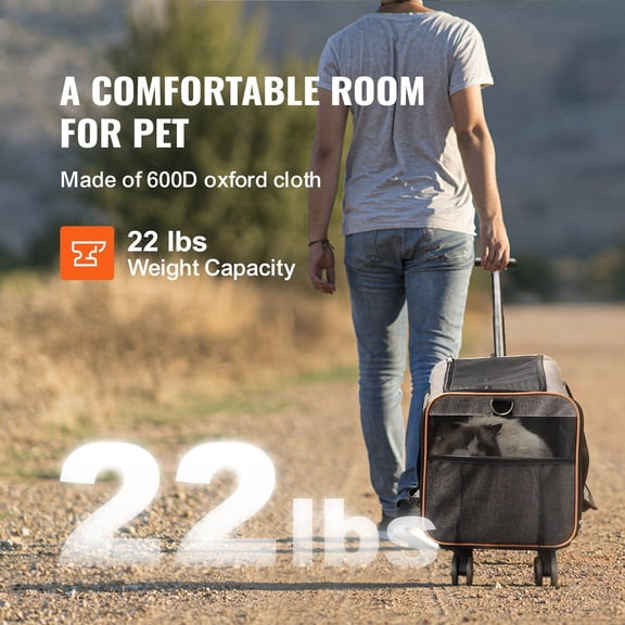 Airline Approved Cat Carrier with Wheels Rolling Pet Carrier for Pets Under 22 lbs Telescopic Handle & Shoulder Strap Grey with Folding Bowl