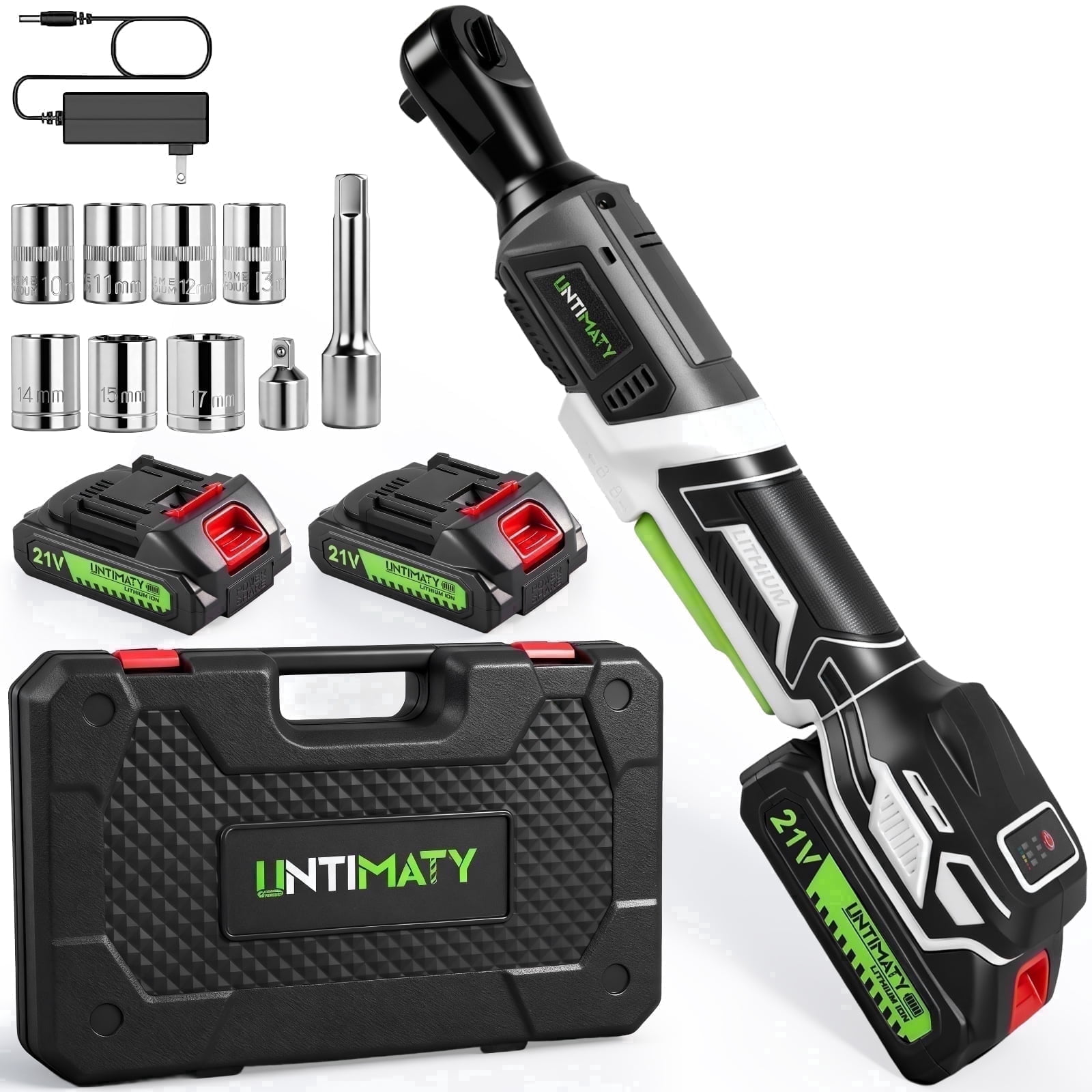 3/8" Cordless Electric Ratchet Wrenches Set, UNTIMATY 21V Power Ratchet Tool Kit with 2 x 2.0Ah Battery, 67FT-LBS 400 RPM Ratchet Wrench with 7 Sockets, Adapter, Extension Bar