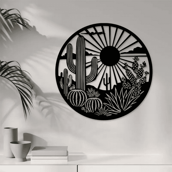 Cactus Metal Wall Art, Sunset & Desert Landscape Sculpture