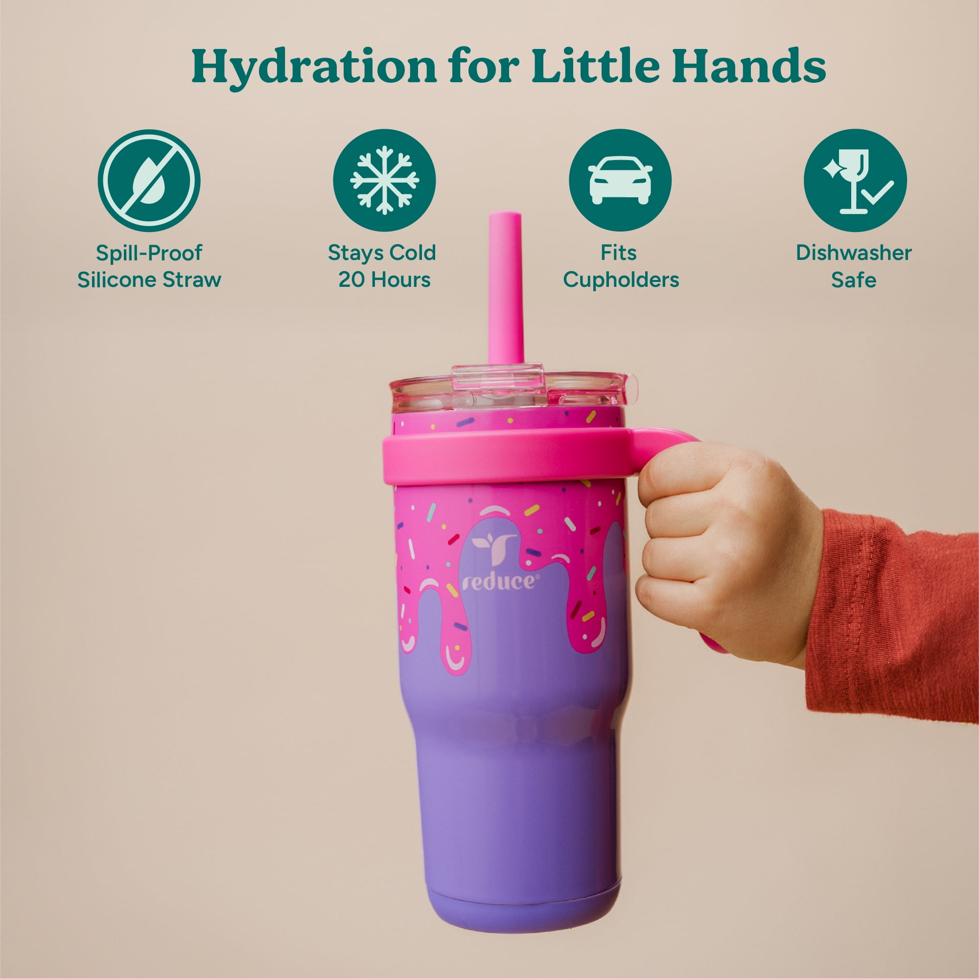 (3 pack) Reduce Coldee Kids Insulated Tumbler with Straw, 18oz Stainless Steel Spill-Proof Cup with Handle, Ice Cream